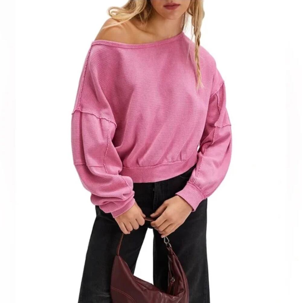 We The Free Womens XS Pink Waffle Knit Crop Pullover Sweatshirt NEW